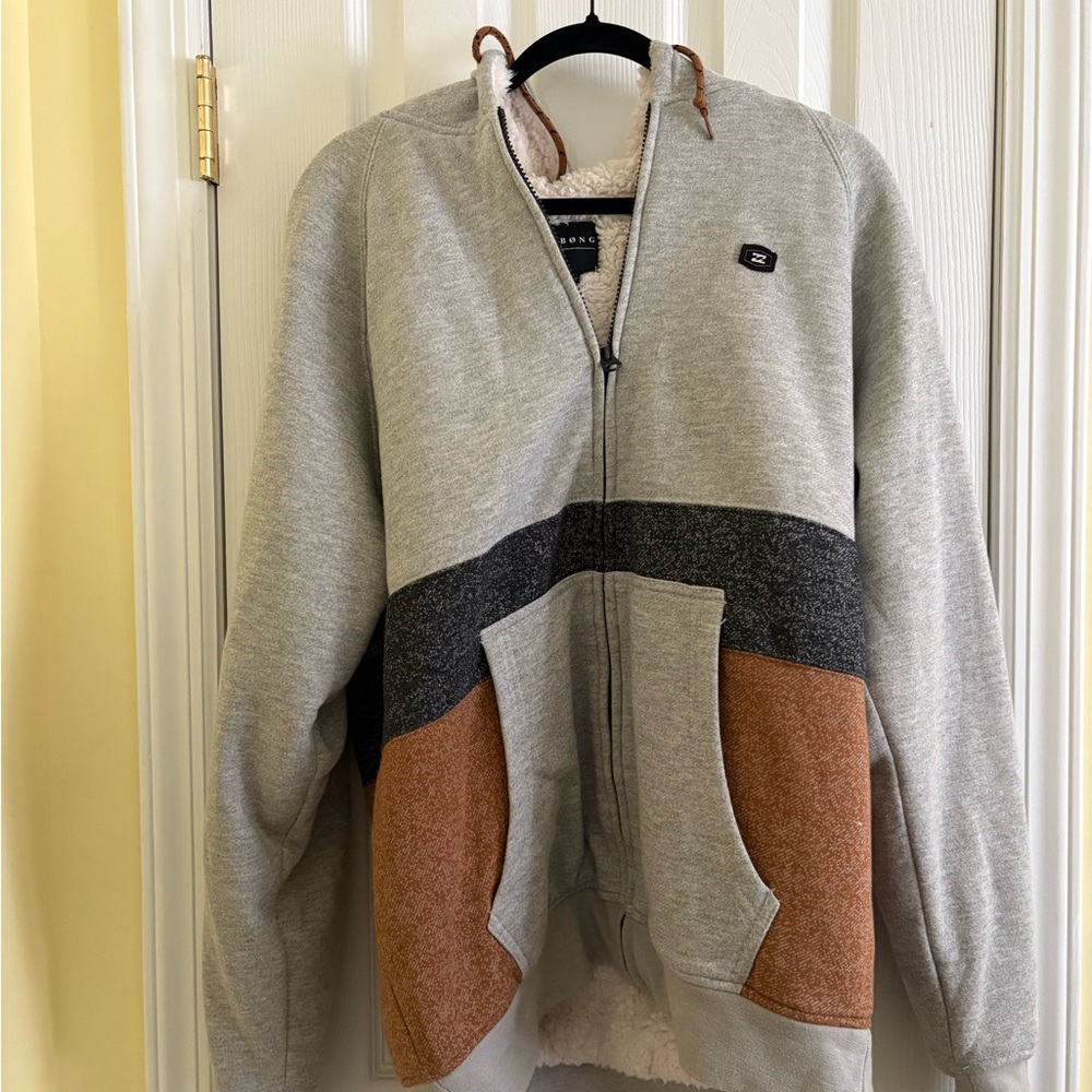 Billabong Gray and Brown Colorblock Zip-Up Sweater
